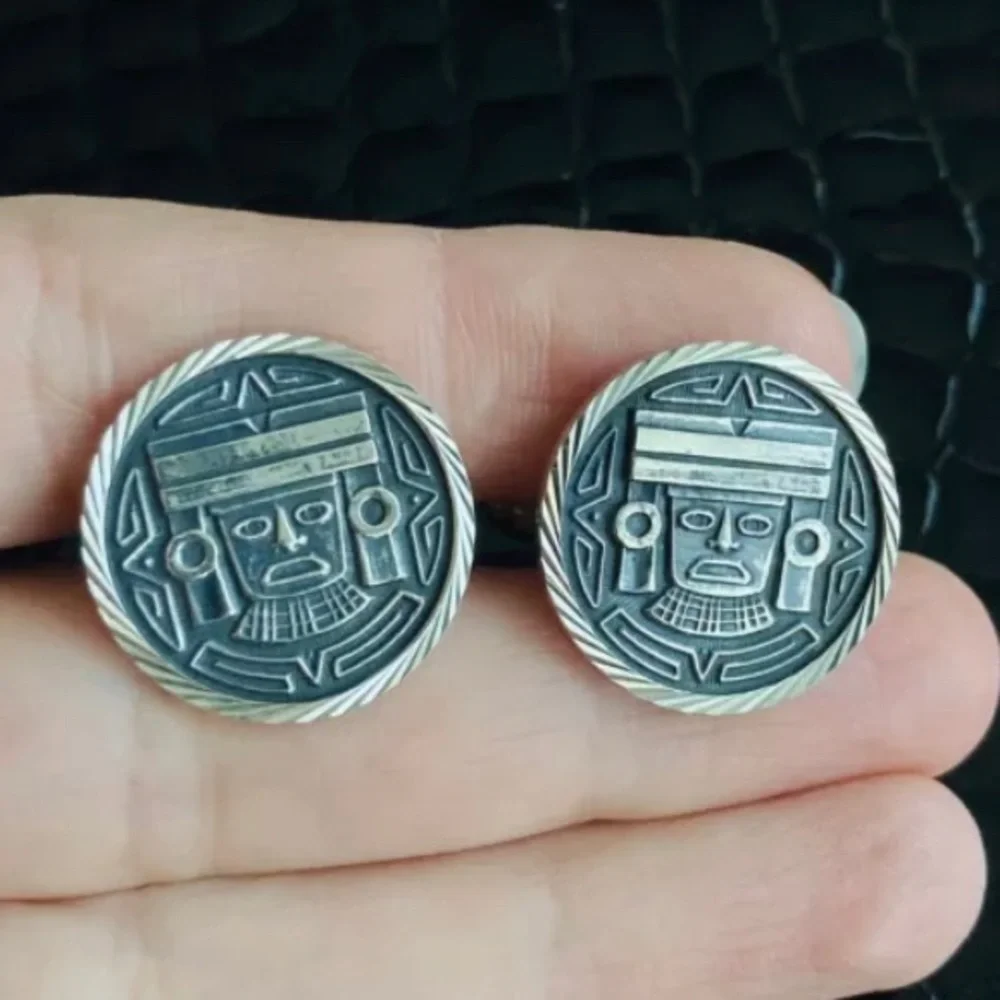AZTEC MAYAN MEXICAN STERLING SILVER CUFFLINKS - Picture 2 of 4